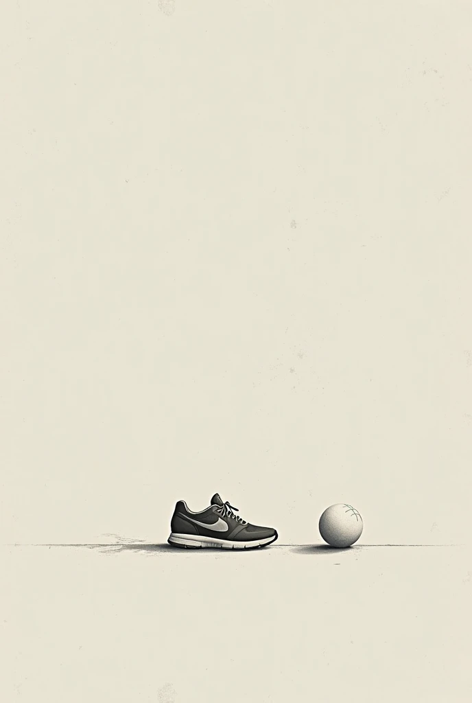 A white Nike low-top sneaker with a black swoosh, a small white figure is climbing on the shoe, the shoe is on a wooden surface with a piece of yellow cardboard in the foreground. The background is blurry and green. The shoe is in focus and the figure is slightly out of focus. The image is a still life