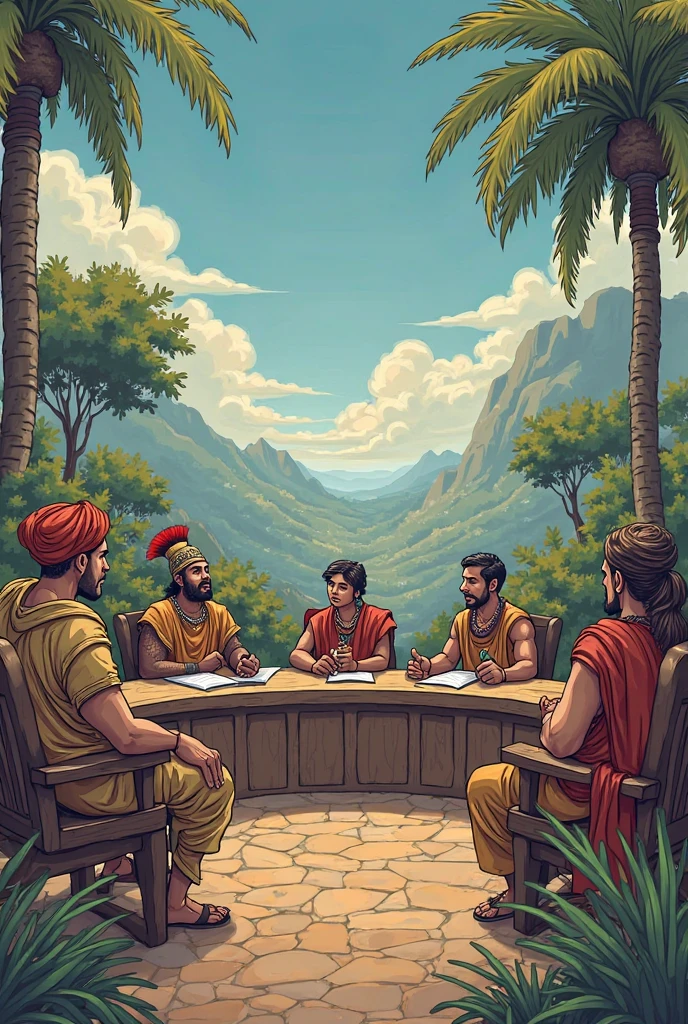 Create a 4-frame comic where the Incas form an alliance with indigenous tribes so that their empires would not have been conquered. LET THE STYLE BE LIKE A TRADITIONAL DRAWING