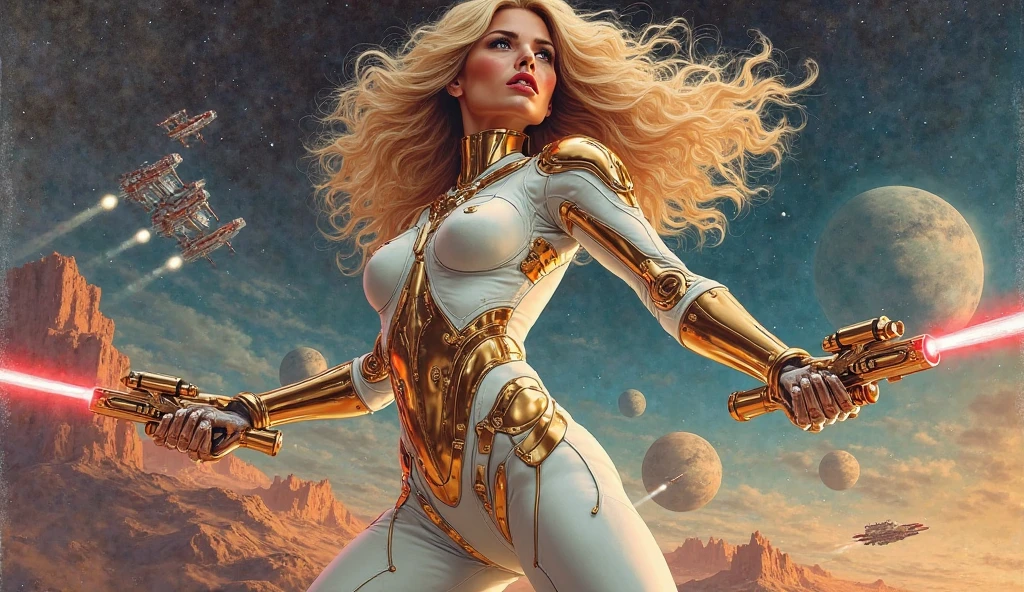 BOMBSHELL BLONDE VALKYRIE FLYING OUTERSPACE, , PALE SKIN, YELLOW EYES, HIGH CHEEKBONES, ROSY CHEEKS, MENTAL FORAMEN, HUGE LONG HAIR, DOUBLE BRAIDED HAIR, GOLD THONG LEOTARD ARMOUR, LONG SLEEVES, GOLD UNDER BODYSUIT, GOLD NECK BODYSUIT, LONG GOLD GAUNTLETS, ATHLETIC CURVY BODY, DETAILED QUADRICEPS, MUSCLES, BACK BODY VIEW, GOLD SHOES, FULL BODY PERSPECTIVE, SPRITE LIGHTINGS, OUTERSPACE, RAYS OS LIGHT, SUN, BACK LIGHTS, NIGHT SKY, ACCURATE IMAGE, MASTERPIECE.