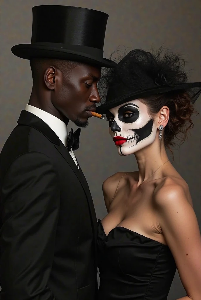 A black woman with a face that is half a woman and half a skull, long wavy hair wearing a medieval black dress and hat. On your right a black man in a white suit and red tie wearing a Panama hat, with a cigarette and beer in hand