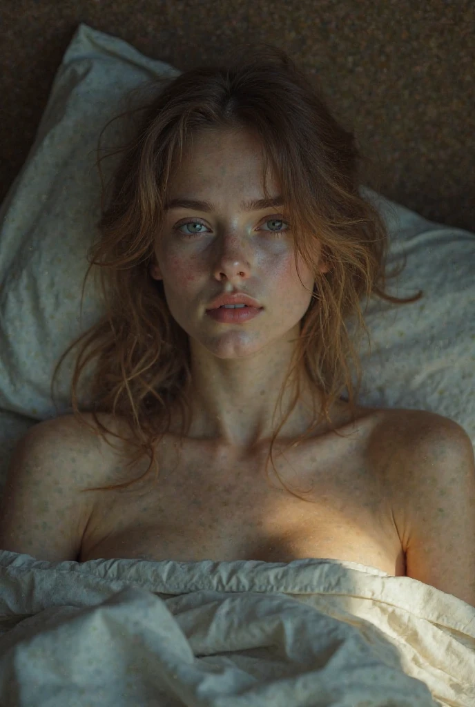 photograph of a redhead woman, blue eyes, freckles, naked between sheets