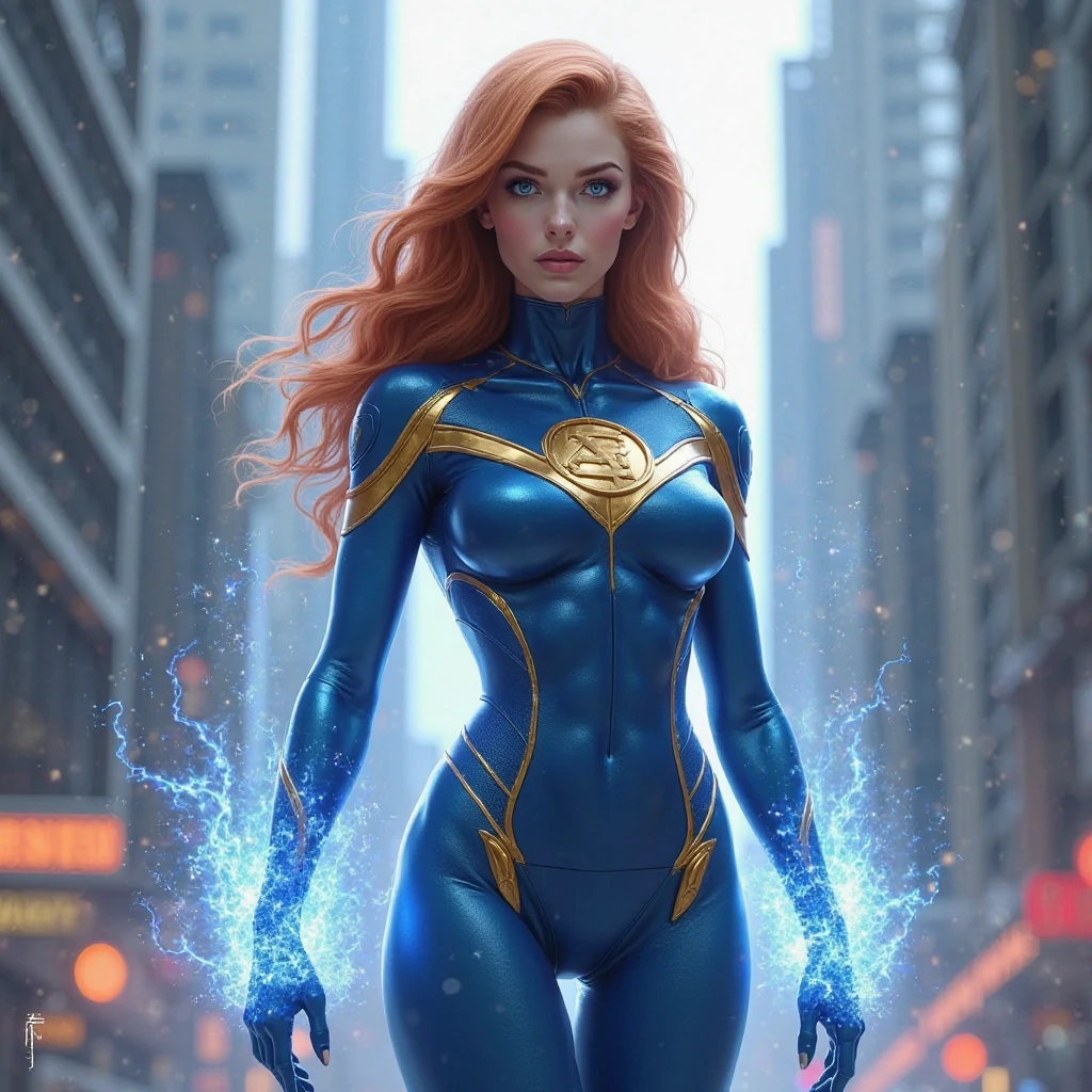 Superheroine with light brown hair wearing skintight blue spandex her nipples protruding with gold stars on her outfit and wearing a blue mask is very weak and helpless.  She’s 
covered, and surrouned with silly string.