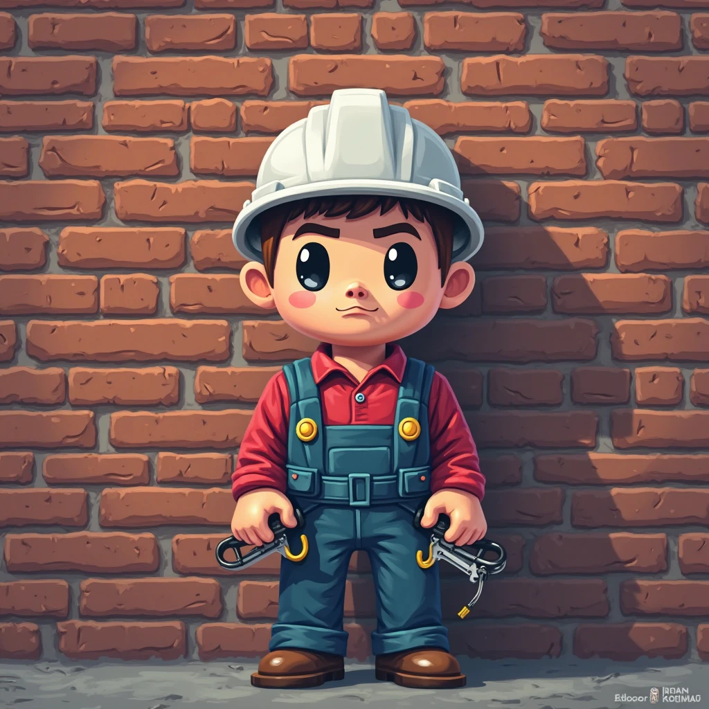 a 25 year old young man wearing a red safety helmet, wearing a long-sleeved t-shirt with a sky blue neck collar, wearing navy blue trousers and safety shoes, leaning against an old wall, his right hand holding the edge of the helmet and his left hand holding his waist with his head slightlylooking down, a dark smoky effect a little light shining on the helmet. high quality image,8k