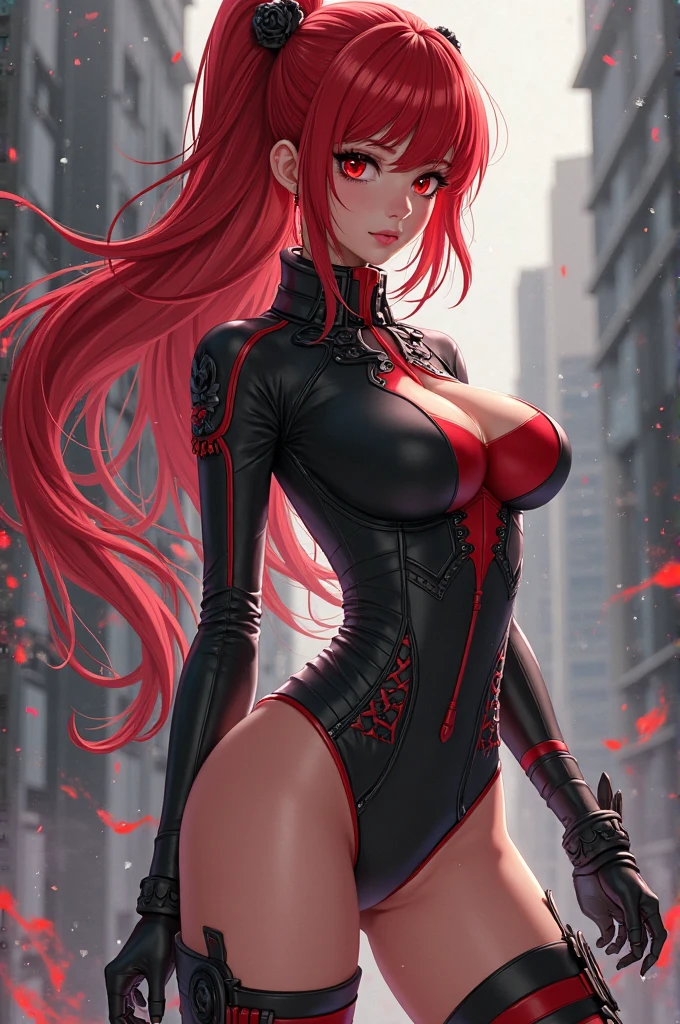 a beautiful detailed portrait of a female ninja with long red hair, perfect body proportions, big breasts, cleavage, hands at chest, extremely detailed high quality realistic face, eyes, nose, lips, skin, hair, detailed hands and fingers, dramatic background, masterpiece, 8k, best quality, photorealistic, studio lighting, physically-based rendering, vivid colors