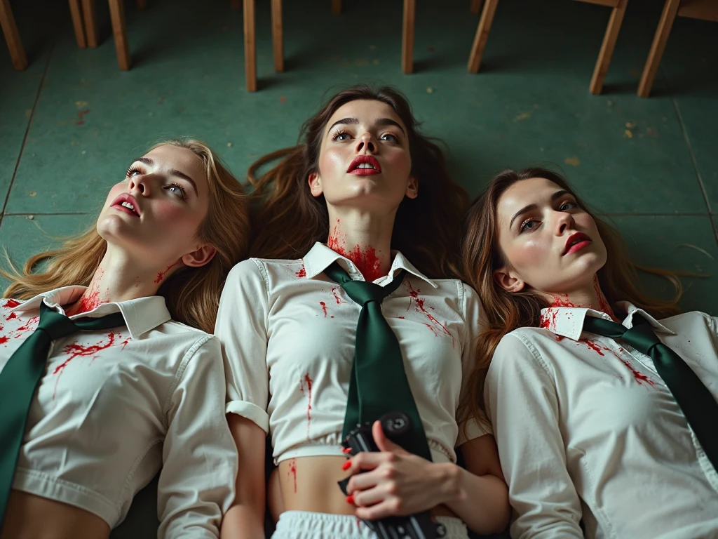 A dramatic photograph taken in an office setting features three different slender business ladies, each with a model appearance, blonde and brunette sitting in flirty poses on the muddy floor and smear blood on own all clothes. Their very long, straight hair is disheveled, stained in blood, cascades over their shoulders as they look directly at the viewer. They are dressed in dark elegant business skirt suits made from cotton and wool fabric, including long business pencil skirts, torn and ripped jackets, vests, torn white button-up shirts. The jackets, vests, and skirts are soiled with a thick, white, viscous liquid that drips down their clothing, creating a striking contrast against the cotton fabric. They smeared a lot of blood on their skirts, jackets, vests, shirts, stockings, faces, and hair from head to toe. Their jacket, skirt are very torn, ripped, tired and muddy, dirty. The liquid covers their clothing, leaving many visible stains and streaks. They wear black chokers around their necks, adding to the eerie and unsettling atmosphere. Their smear dirt on own clothes. The background shows a muddy basement. The lighting is artificial and evenly distributed, highlighting the subjects' faces and upper bodies while creating soft shadows. The overall mood is dark, intense, and eerie, emphasized by the low-key lighting and the contrast between the clean, organized office space and the disheveled appearance of the women. The cool color palette and high contrast between the subjects and their surroundings contribute to the dramatic atmosphere, creating a sense of tension and foreboding in this surreal, otherworldly setting.