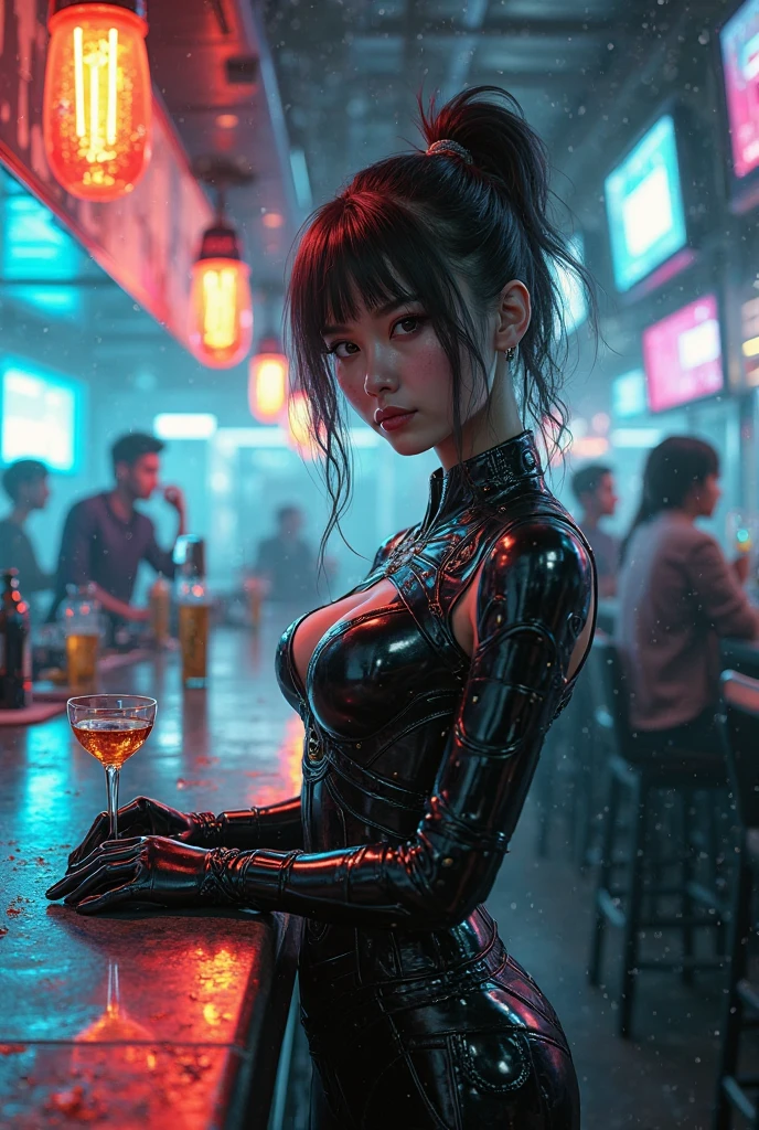 32k,Complex,Very detailed,Digital photography,Digital Cyberpunk Art、Semi-long hair of black con a cyberpunk cafe、Cyberpunk Waitress、Japanese women、1 person