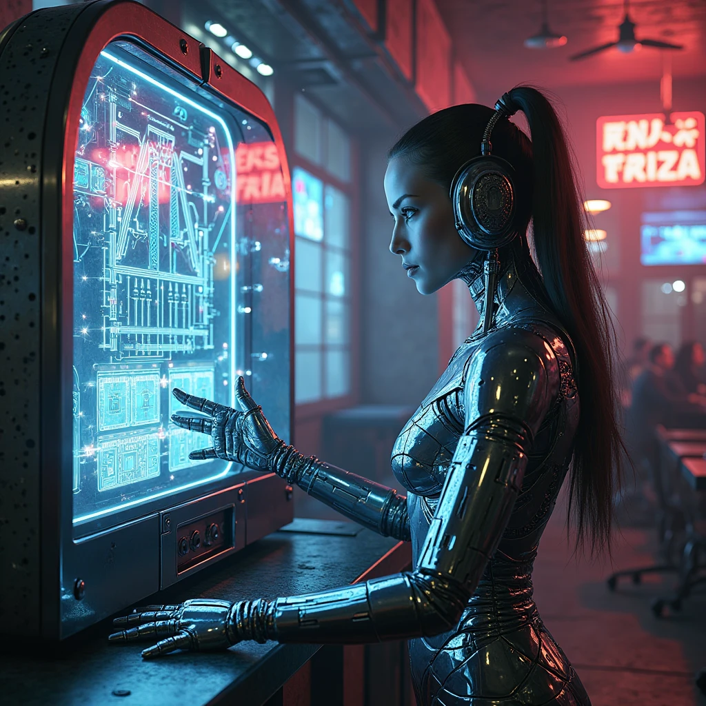 Moni_sd15_6-260-Best, close up of a woman in a dark room in a computer chip and resistors outfit, dynamic angle,Orange tone,photography,cinematic rendering,C4D,blender,3D,ultra-high definition texture details,Special Effects,(Luminous line converging towards the middle:1.2),<lora:MG_xinpian:0.75> , style-psycho