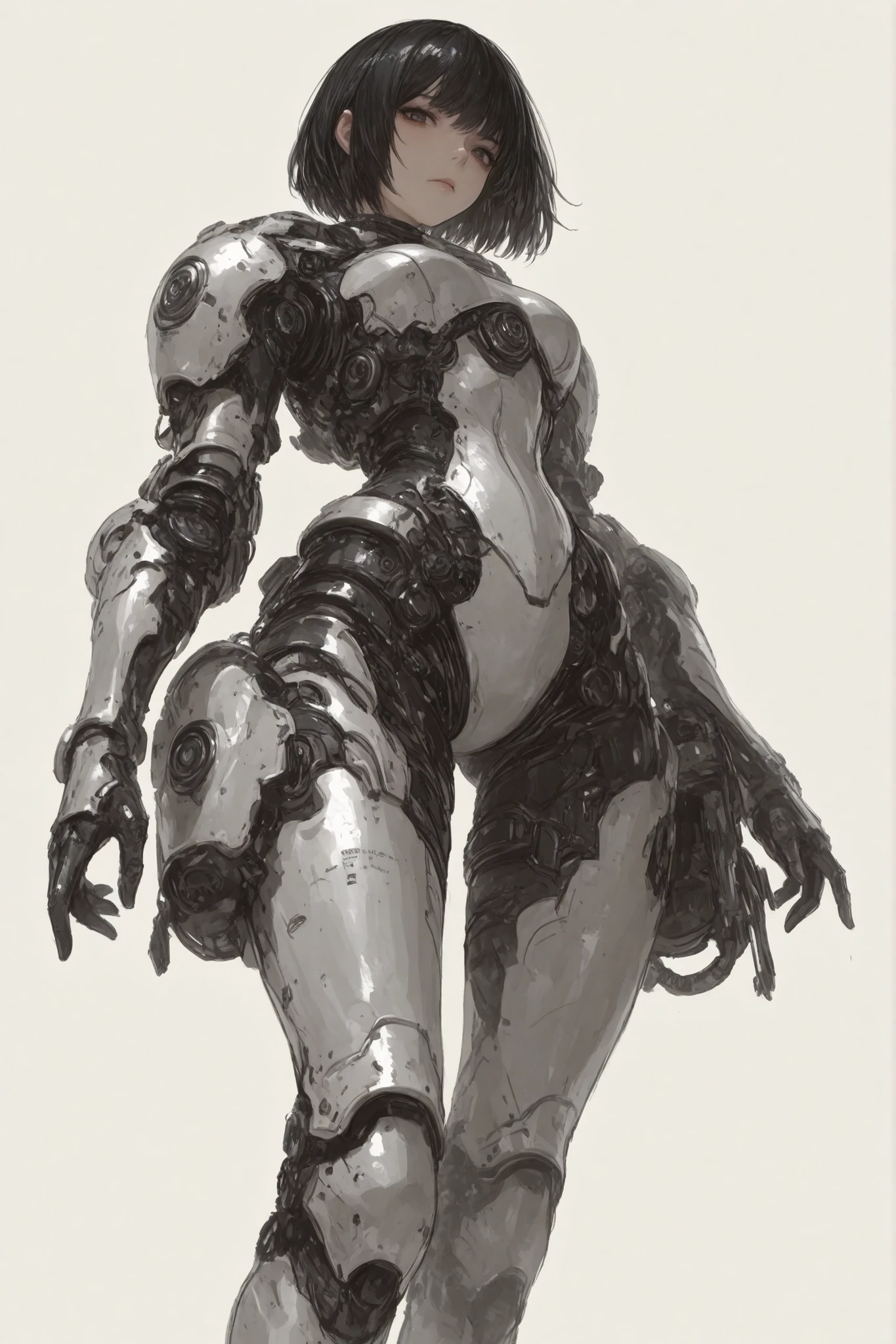 solo,cool persuits woman\(very complex armor,sharp eyes,short hair,black hair, arms, standing, Dignified posture,look viewer\),from below,simple background,negative space,masterpiece,best quality,ultra-Details,intricate art work,detailed illustration,hand written sketch,HDR,8k