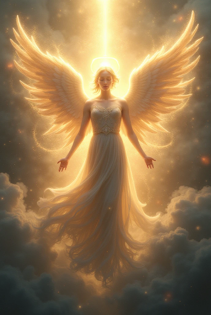 A mesmerizing, hyper-realistic 16K captures a magical moment of a white and gold abundance angel. The illustration radiates energy, movement, and vibrant colors, predominantly golden light making it a true work of art that celebrates magic and fantasy and imagination, cinematic, vibrant, photo, fantasy, vibrant lights. 