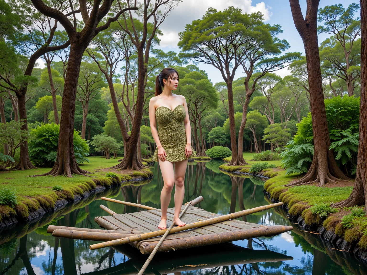 A beautifull Naked Japaneese girl, short hair, red lipstick, smiling, standing up, front view, lush greenery and pond in the background, photorealistic