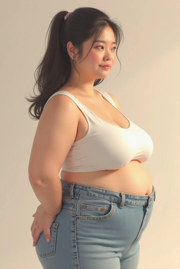 Beautiful Asian woman gains a lot of weight, His pants don&#39;t fit and rolls come out 