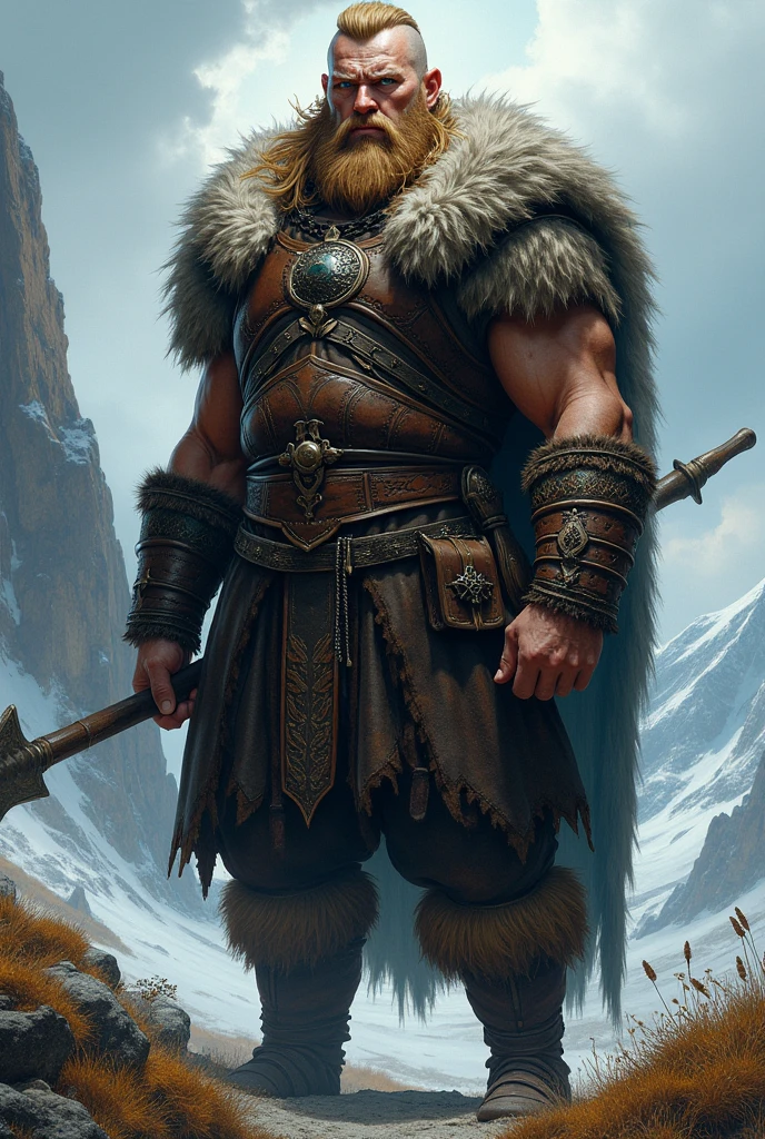 2 meter 50 Viking with bear skin as clothing muscular but thin