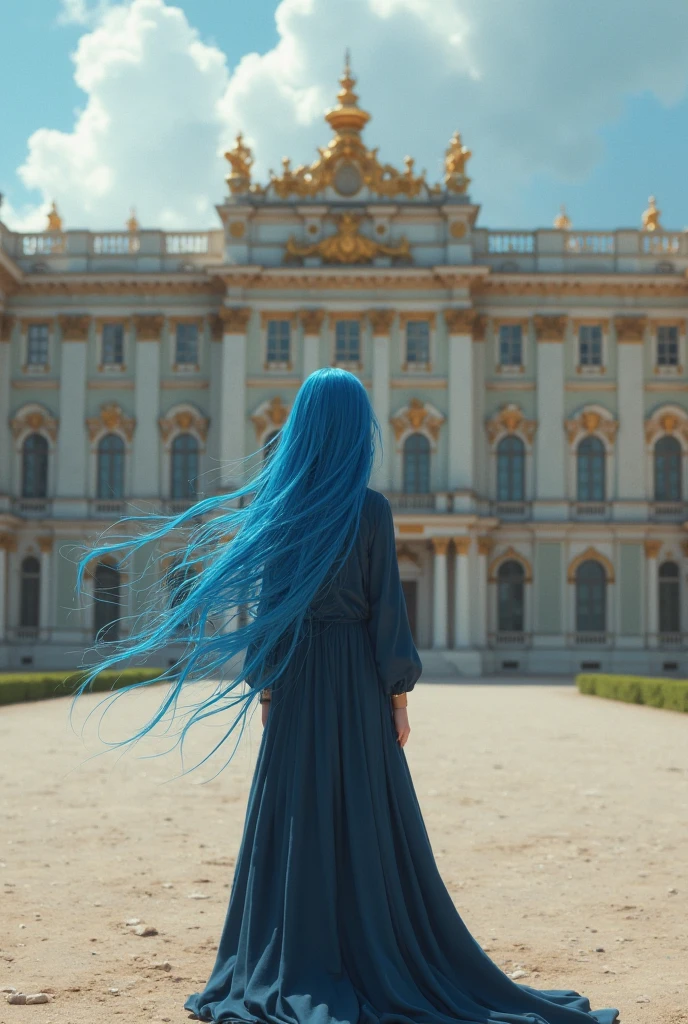 A beautiful girl, about . Long light blue hair, straight hair, messy hair, bangs and big eyes (the right eye blue, the left right purple). The girl wears a turquoise tunic and purple tide pants. Greek templo ruins background. Starry night sky.