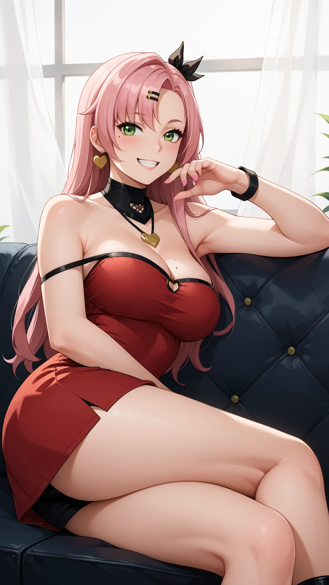 Girls smile, fair skin, long hair, big , big breats, big ass, big butt, sexy body, sexy girls, thic body, beautiful girls, dress, red dress colors, nails colors, pink nails colors, in room, indoor, sexy pose, sitting on the sofa, ultra realistic graphic, gaze looking at the camera, looking at the camera, Nicole Demara, Nicole begins, (Green Eyes:1.5), Pink Hair, hair ornaments, hair ribbon, Hair Clip, Long Hair, mole, mole under eye, Both sides up, ribbon, Grin, 笑face, Open your mouth,
BREAK black footwear, black ribbon, black Shorts, black socks, black Knee socks, boots, Cleavage, Earrings, jewelry, Knee-high, Manicure, necklace, O-ring, Thigh straps, Knee socks, Both sides up,
BREAK looking at viewer, (Cowboy Shot:1.5),
BREAK (masterpiece:1.2), Highest quality, High resolution, unity 8k wallpaper, (figure:0.8), low length, Primary school students, face, Young girl body, NULL目, score_9, score_8_up, NicoleNSFW, green eyes, pink hair, long hair, two side up, Big breasts, mole under eye, hairclip, thick legs, sexy legs, wide hips, smile, horny face, seductive face, blushing