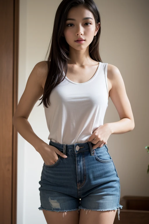 (8K、Raw photo、highest quality、masterpiece:1.2)、(Realistic、Photorealistic)、1 girl、((Tank top、mini skirt、Kneeling、View from the front、Are standing、))、smile、Lots of eyelashes、Sparkling eyelids、skeletally correct、