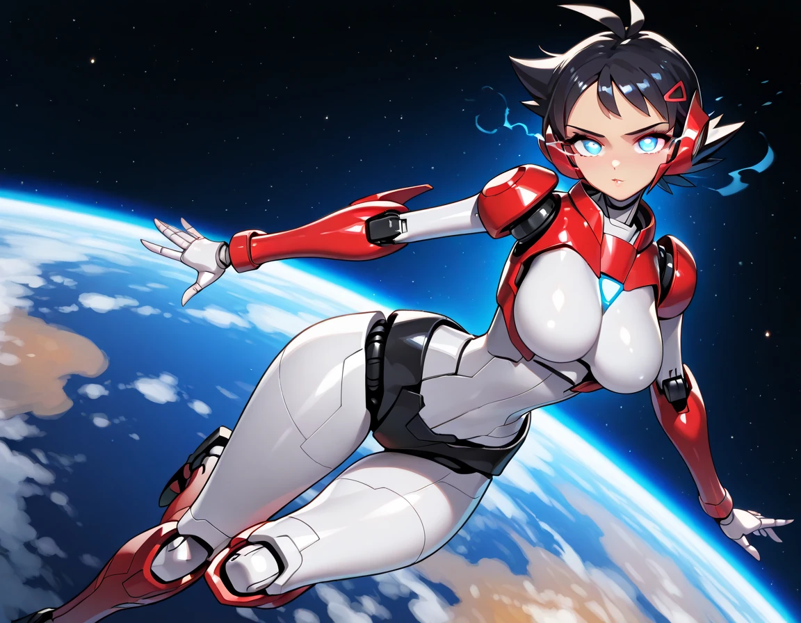 mixed_artwork style, 1 girl, standing alone, hands, Asian, On top of a Mecha robot, action, Mecha pilot costume, short black hair with red highlights, red eyes, Photography,