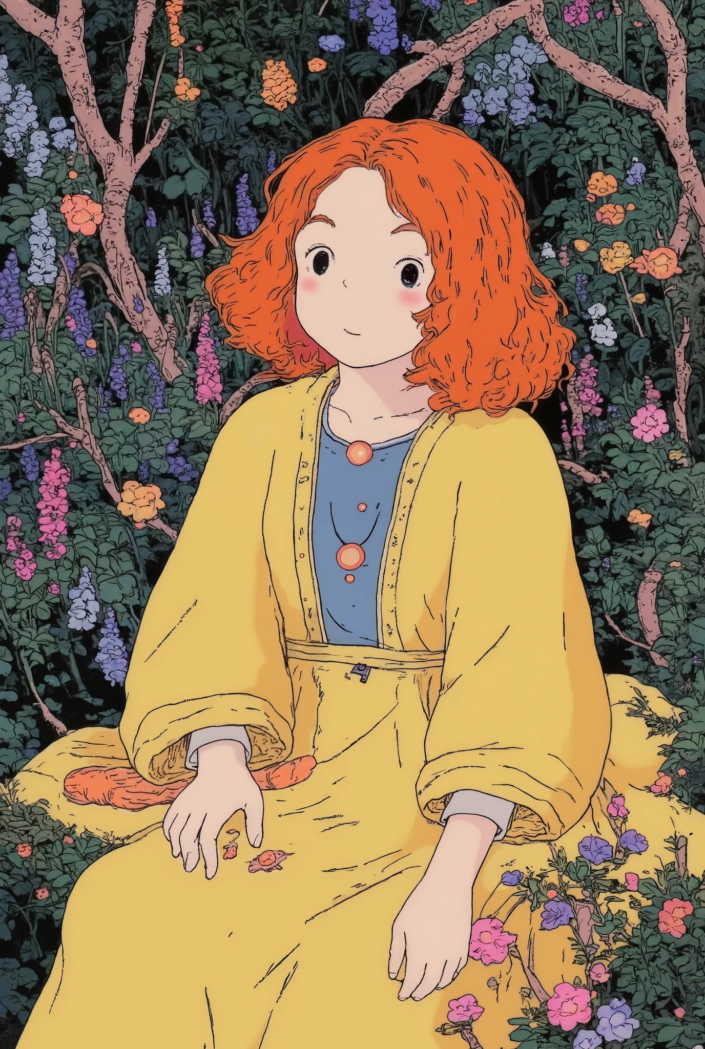 beutiful girl lying in the bushes and thorns and beautiful pinton blue flowers, top view camera. wearing rich yellow wizards robe and pinton blue turttle neck shirt inside. oil painting, masterpiece, shadows, expert, insanely detailed, 4k resolution, ginger orange long curly hair