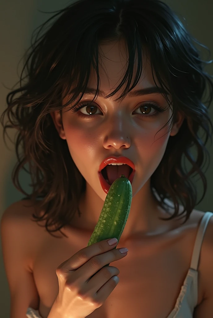 a close-up full body shot, a stunning scene,  ilya kuvshinov, in the style of johnson tsang, cinematic, hyper-realistic, very detailed, detailed asymmetrical face, ((detailed brown eyes)), realistic hands, (((elaborately painted short nails))), completely naked in a detailed country kitchen, ((fat nipples clearly visible)), bathed in natural light from wide open window during a warm Spring. trending on artstation, very detailed face, realistic hands, sucking the salt off the tip of a large veiny and warty green Pickle.