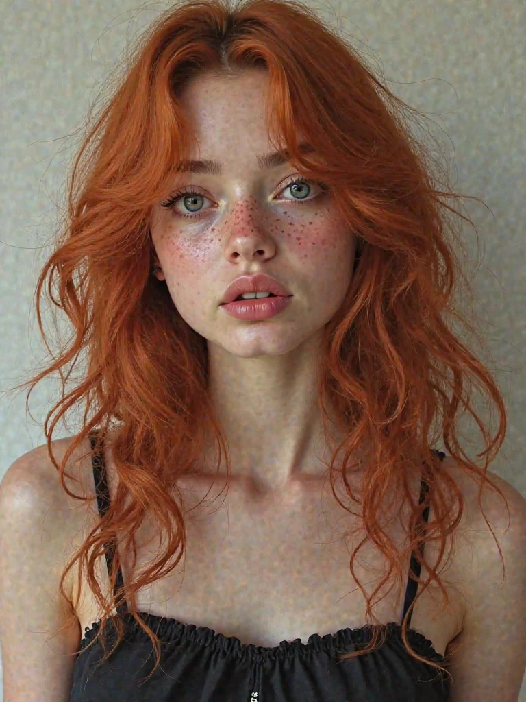 Absurd, Raw photo, Highest quality, (masterpiece: 1.3), High-resolution color photos in RAW format, Professional photos, Highly detailed 8k CG wallpaper blocks, foto-Realist, Realist, Raw photo, masterpiece, Better Quality, High resolution, 1 Girl, 16 years, short, , slim, white, Ginger, Redhead, Loosely curled red hair, Wavy Hair, Curly Hair, Average length, Healthy legs, Perfect beautiful face with freckles, Hole in the jaw, Dimples, when you smile,Juicy lips, Cardon's Lips, belos olhos Realists, Right eye is green, Blue left eye, Heterochromia iridis, 青whiteい肌, Detailed skin texture,Ample breasts, Big Breasts,very , Big Ass. Ginger. smile. look through glasses.She spreads her legs to seduce the viewer.,She spreads her legs to tempt the viewer. Suada. witch style. Pagan Style, Celtic, wicca. Scotland. She's amazing. ( Pussy Leather Jacket, Wear tattered clothes,Torn clothes, Detailed design), Home, night