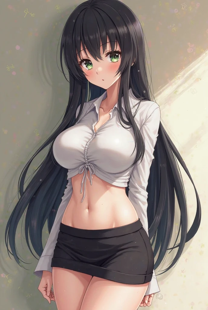 create a girl, from any anime, beautiful, standing in the center of the frame, with medium breasts, (masterpiece, best quality: 1.2), black hair, green eyes, black tight pants, white shirt, unbuttoned to the middle, breasts visible,