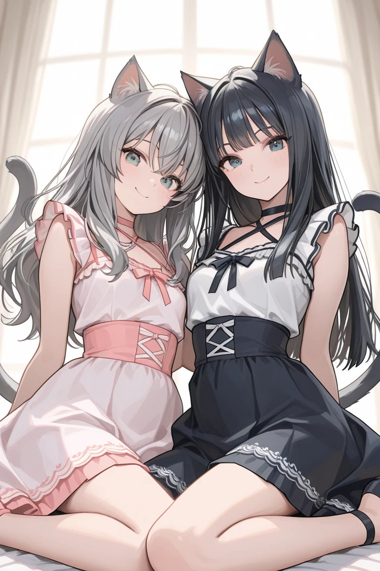 (twin girls),(super high quality), masterpiece, (strong), Relaxed atmosphere,Golden Eyes, (Mischievous Smile), Beautiful expression, Perfect body, (Small breasts), Hair grows longer,Highly detailed face and eyes, (Silver Hair, Deep gradation golden eyes), beautiful, Cinema Lighting.tonality,Advanced Details, highest quality, Only 5 fingers,cute,silver and black dress,Moon Goddess,Moon Hair Ornament