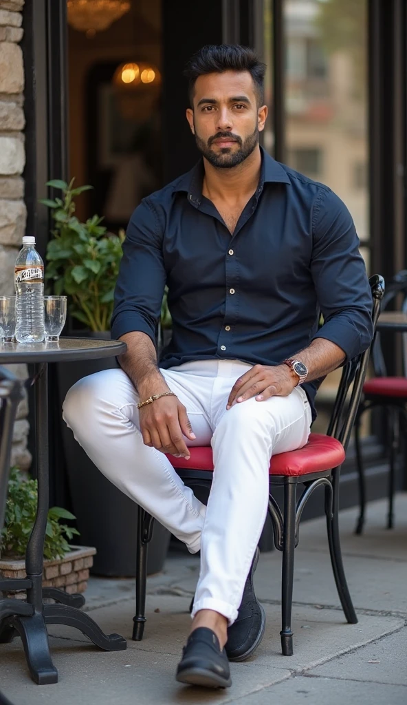 A handsome and sexy man wearing a casual white short and blue suit,and formal pant, , he has gorgeous face,and stylish black hair, and short beard, he is sitting in a cafe, homoerotic, nsfw ,open legs, alluring pose,(pussy)