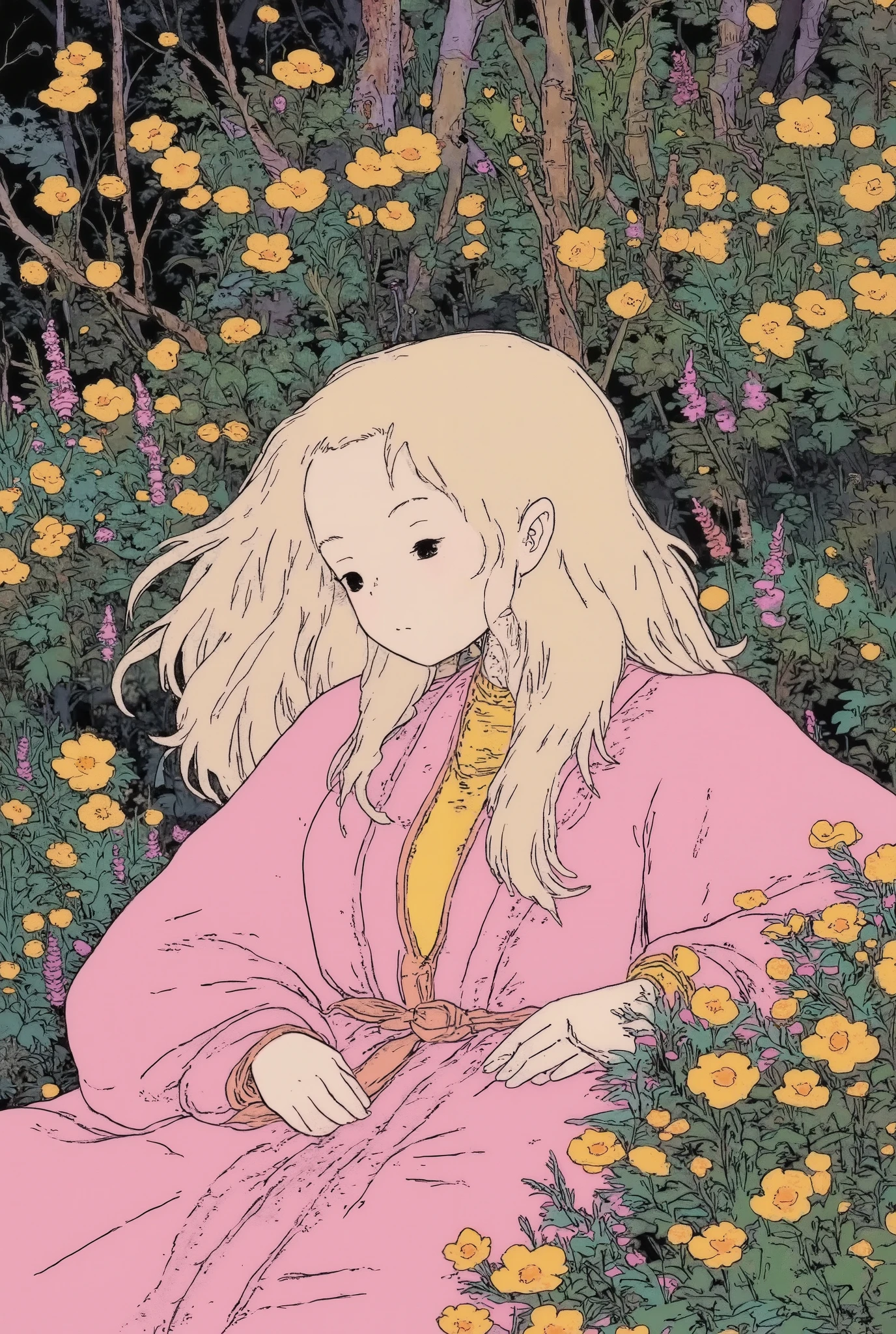 polite girl lying in the bushes and thorns and beautiful cream yellow flowers, top view camera. wearing rich pinks wizards robe and cream yellow turttle neck shirt inside. oil painting, masterpiece, shadows, expert, insanely detailed, 4k resolution, long waves milk tea blonde hair
