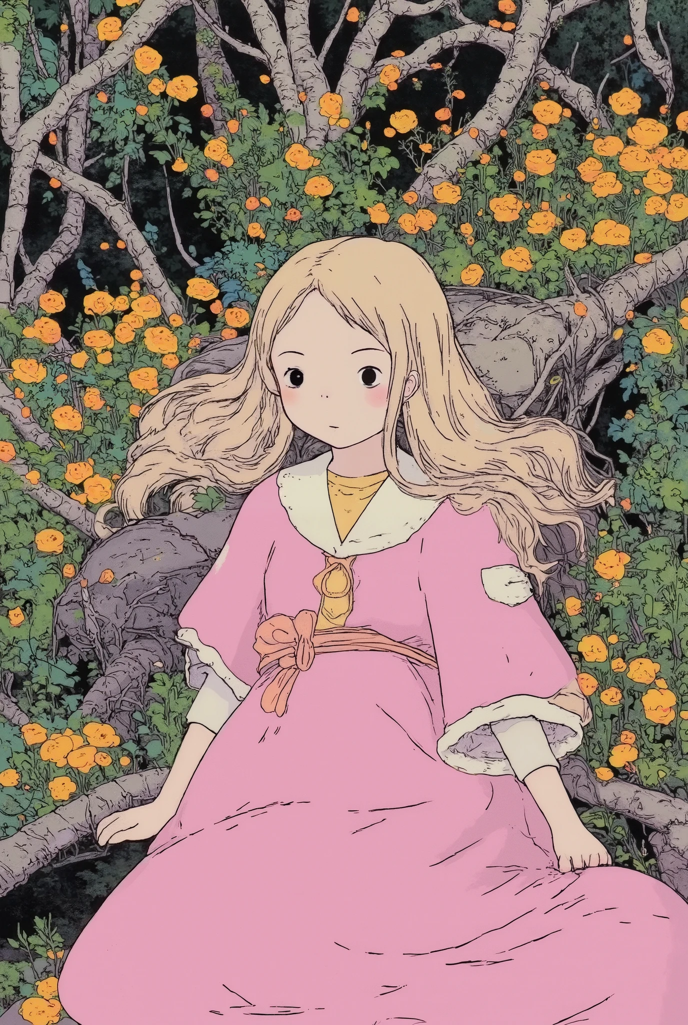polite girl lying in the bushes and thorns and beautiful cream yellow flowers, top view camera. wearing rich pinks wizards robe and cream yellow turttle neck shirt inside. oil painting, masterpiece, shadows, expert, insanely detailed, 4k resolution, long waves milk tea blonde hair