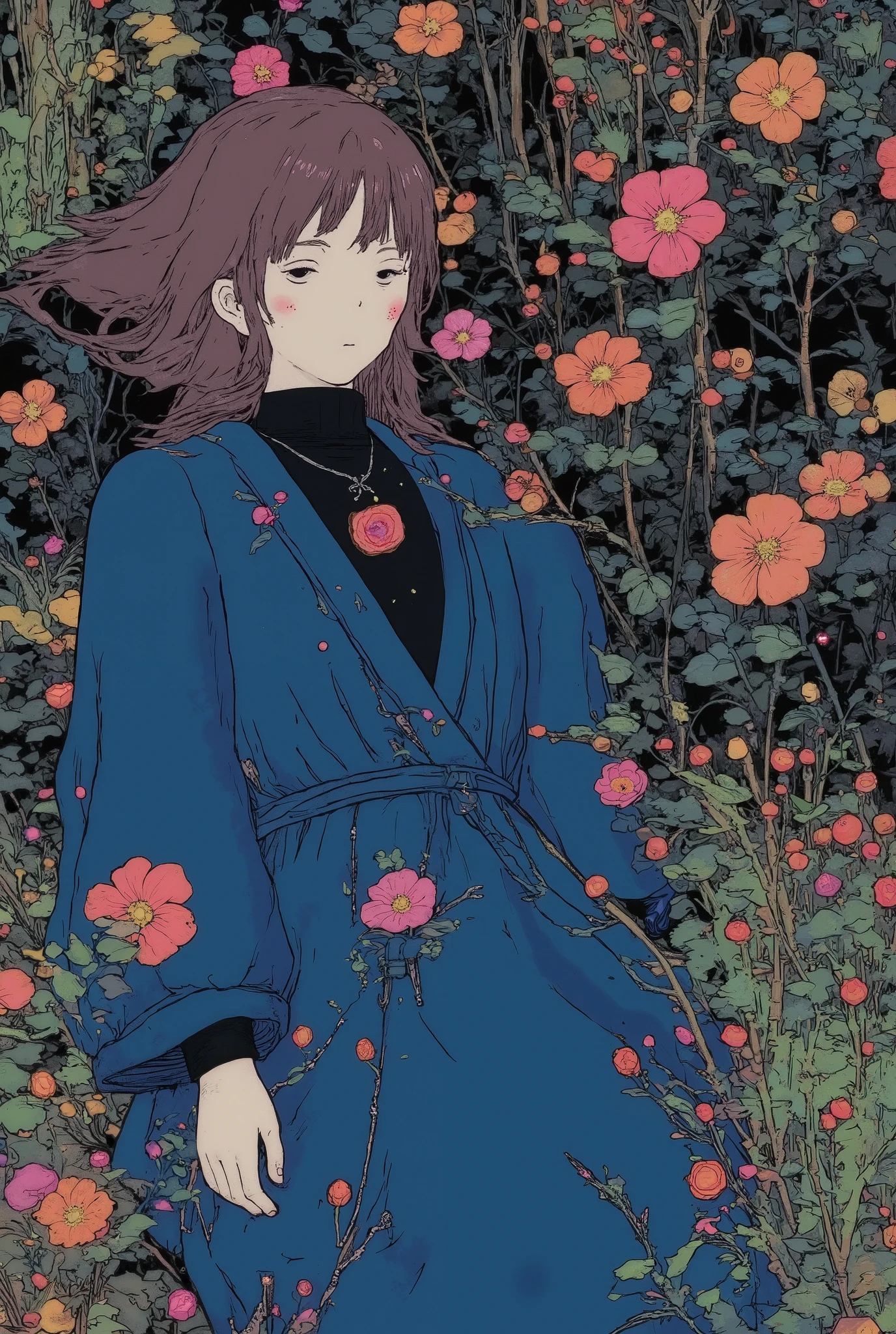 elegent girl lying in the bushes and thorns and beautiful black flowers, top view camera. wearing deep azure blue wizards robe and black turttle neck shirt inside. oil painting, masterpiece, shadows, expert, insanely detailed, 4k resolution, long ash brown hair