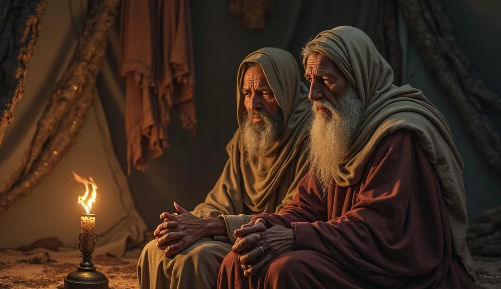 A man with a white beard wearing clothes from the time of Jesus sitting with 3 other gentlemen in the desert at night