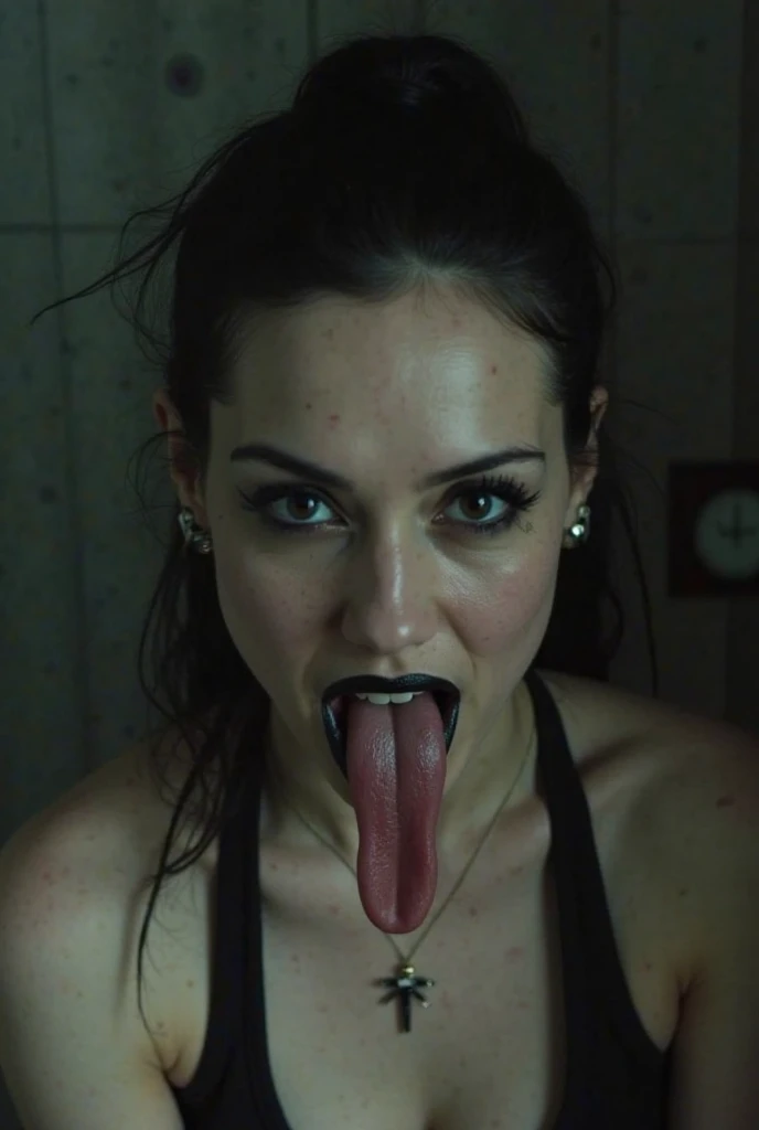 horror-themed screaming girl . Bra, huge boobs, eerie, unsettling, dark, spooky, suspenseful, grim, highly detailed, ahegao, tongue