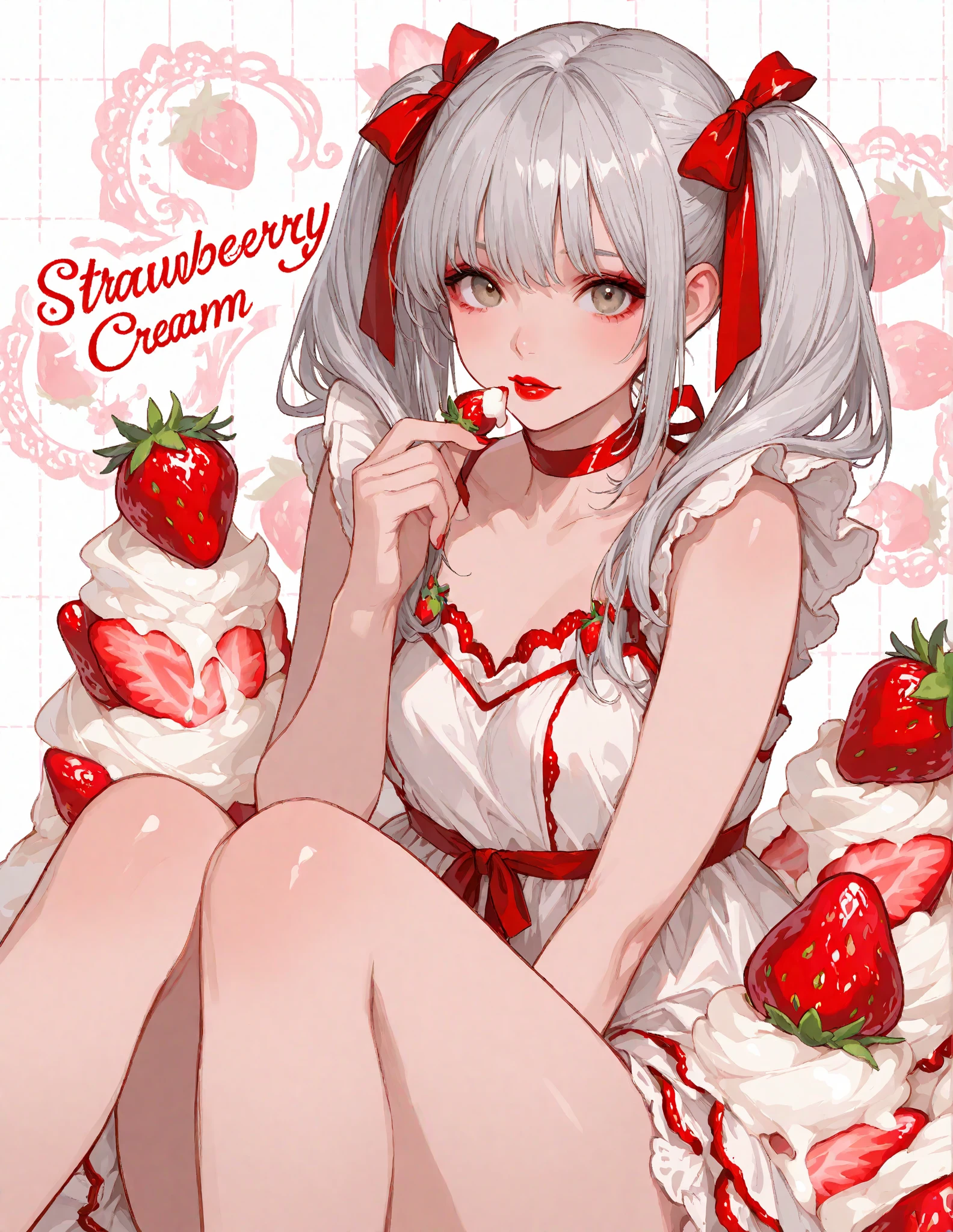 score_9、score_8_top、score_7_top、score_6_top、score_5_top、score_4_top、Bunny girl、At the Casino、(Lie on a large silver tray: 1.4)、(Lift your thighs and spread your legs wide: 1.7)、Plenty of whipped cream、(A giant strawberry:2.0)Decorates the front of the crotch、Shooting from directly above the center of the front of the body、Close up on strawberries、Ideal body type、Medium chest、Tiny and detailed waist、Detailed ass、Detailed crotch、Detailed thighs、Beautifully detailed eyes、Beautiful Face、Captivating look、Flowing chestnut hair、Decorate the front of your crotch with a single strawberry and whipped cream、