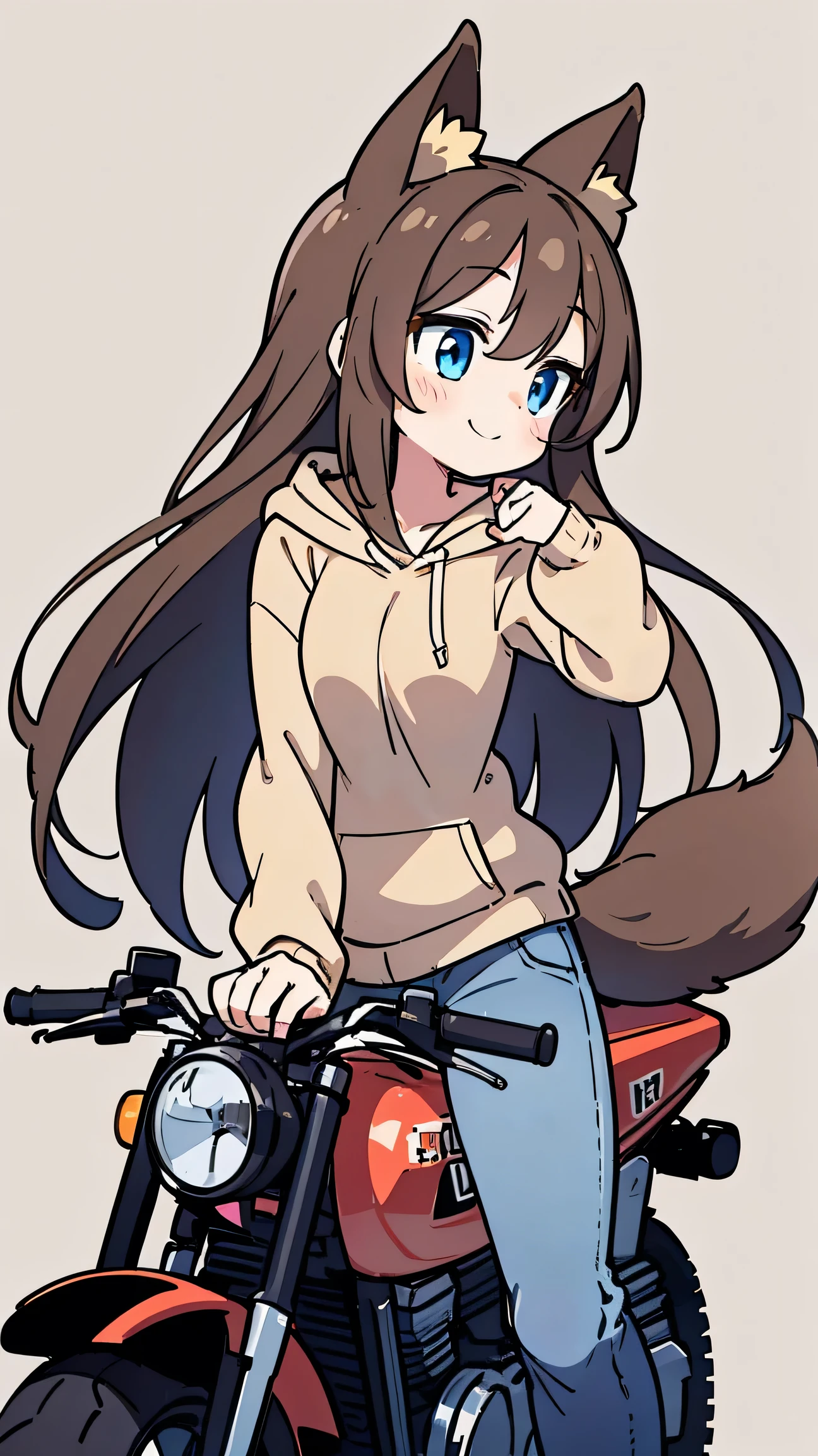 ANIME STYLE、 cute face、 female、 fox ears、tail、brown hair、 long hair、 beige hoodie、jeans、simple background、blue eyes、smile、riding a motorcycle、profiles