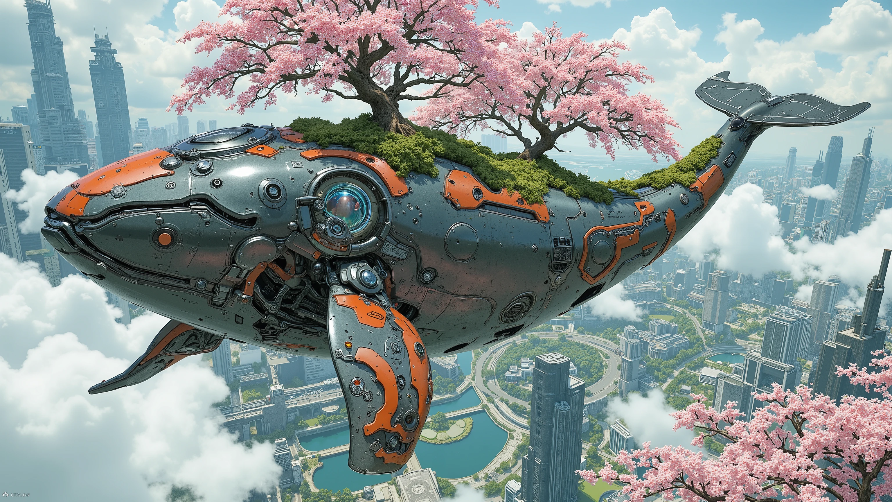 (masterpiece:1.3, top quality:1.3, detailed description:1.3, high quality:1.3),(1huge Robot whale\Metal body, cherry blossom trees on the whale's back, Beautiful luster, beautiful metal details, precision machinery, moss growing, There are buildings and houses and parks and lakes and mountains, A very developed city, The city is depicted in crisp detail, Bird's Eye View, Bird's Eye View), (A mechanical whale gracefully swims between a futuristic floating city and a sea of clouds, The developed city floating in the air is depicted with extremely clear details, featuring skyscrapers and highways., whale swims in the sea of clouds)