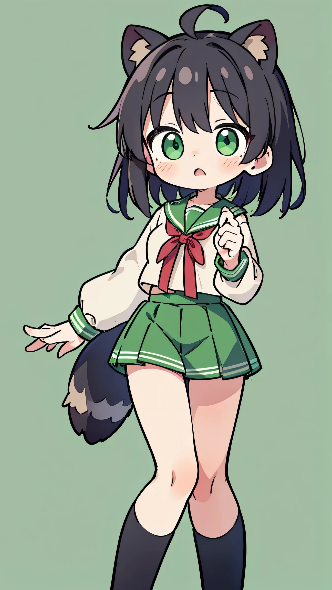 ANIME STYLE、cute face、 female、 Raccoon Ears、Raccoon Tail、black hair、 short hair、 Green Sailor Suit、red ribbon、Green Long Skirt、knee-high、simple background、green eyes、surprised