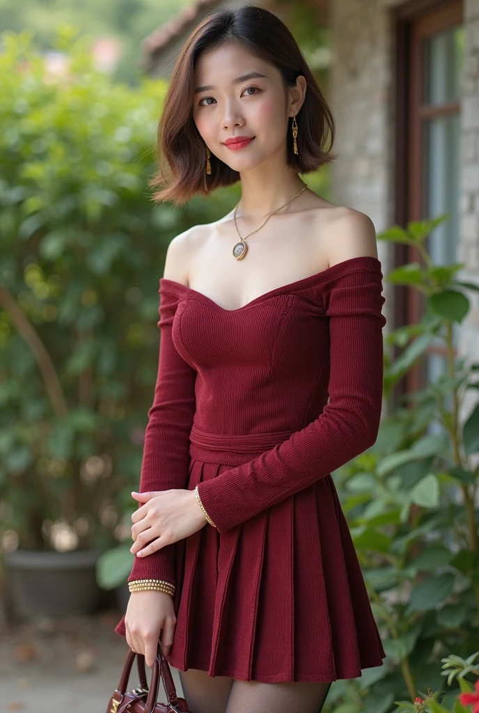 Professional, High level of detail, close up photo (attractive mature 45yo woman:1.3), long black hair,(red long dress, off shoulder, satin long skirt)1.455, ray tracing, natural lighting, (seductive:1.1), (blushing:1.1 ), (classy, elegant, dandy)1.2, (pokies)1.3, (toned body, hourglass body shape) (wipe hips), (full body with visible face and eyes)1.5, glasses, earnings, sakura forest, river, standing, golden necklace