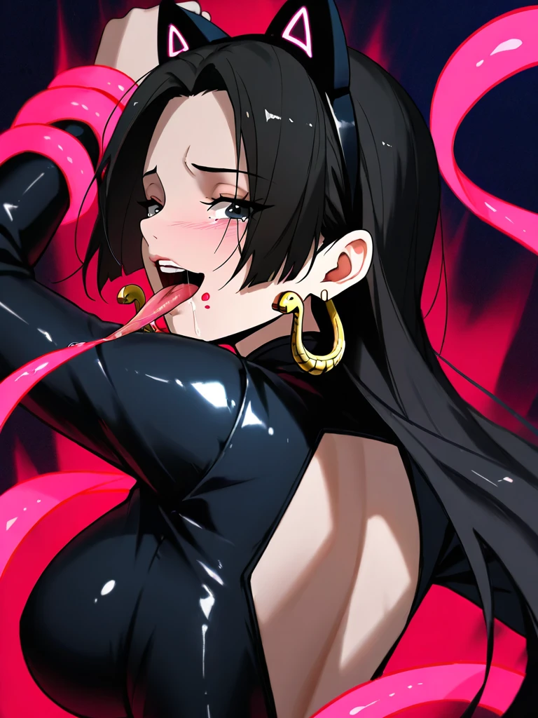 One lady,25-years old,(()) ,((red blush)), ((upper body closeup)), (((Black Rubber Dress))),((kissing tentacles)),((heart mark))(),Wet with sweat,(A dark-haired,)(tentaculata)Drooling,((swimming pools,sewage))