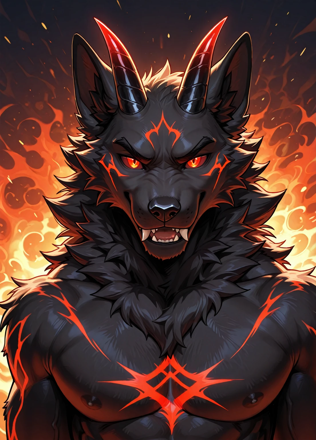 muscular_mature_horse female flaming_hair orange_mane black_furry_body orange_irises black_sclera scarred_body solo Masterpiece best_quality absurdres highly_detailed cleanly_drawn_eyes anthro_only by_claweddrip, by_greasymojo, by_underscore-b, by_runawaystride