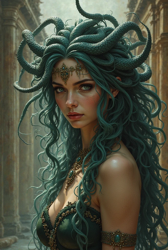 This artwork should be hyper-realistic, capturing every detail with stunning clarity, Imagine a brunette Medusa in her teens, with a slender and toned physique, Hints of muscle definition can peek through, suggesting her sexiness and agility, Clad in minimal attire that hints at her forbidden beauty, Think flowing silks draped strategically or intricately crafted jewelry that adorns her body in a captivating way, The outfit should be  and alluring and overly revealing, Pay close attention to the pose - perhaps she sits regally on a throne-like rock, one hand leans forward with a playful tilt of her head, drawing the viewer in, This Medusa possesses an ethereal beauty, with flawless features and captivating eyes that shimmer with an air of mystery and allure, Her expression should be one of captivating confidence, with a hint of a playful smirk or a mesmerizing gaze that draws attention being overtly , Capture the subtle differences in texture between her human-like skin and the cascading snakes that make up her hair, Let the pose and  clothing hint at her sensuality , being overly revealing, Emphasize the unique Medusa features, such as the vibrant snakes that writhe around her head, focusing on their beauty and mesmerizing movements and a scary aspect, Consider incorporating elements of her environment, like a lush, overgrown temple, This artwork should exude an air of captivating beauty and alluring danger,The Medusa is aware of her power and holds a captivating presence that both attracts and intrigues.
