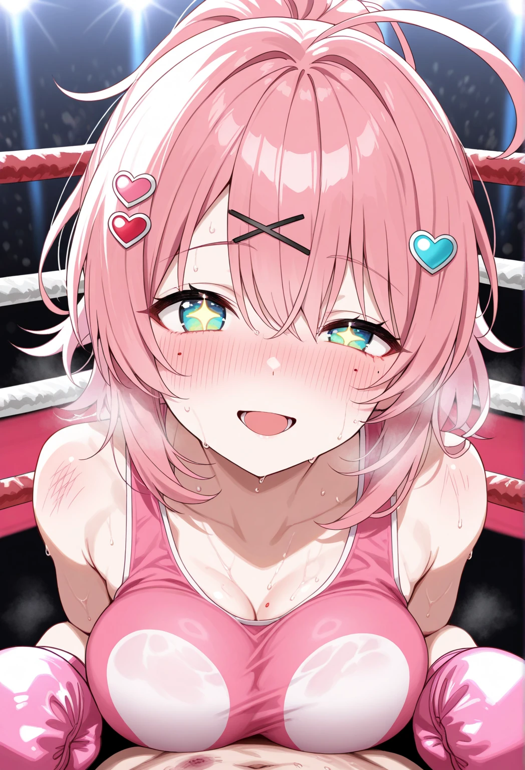 (((masterpiece))),(((best quality))),(ultra-detailed,high resolution:1.2),(illustration),((an extremely delicate and beautiful)),(detailed background), POV, fellatio, (((deep throat))), drool, close up face, (((wrestling ring))),((1petit girl)and(1shota boy)), hetero, (1petit girl,short stature),((((Fu Xuan/(Honkai:star rail/)))),official alternate costume, (slender body:1.4), pink hair, pink and yellow eyes, (small breasts),pale skin,shiny skin, (cum in mouth:1.4),cum on clothes,cum on breasts,excessive cum, clothing aside, clothed, evil grin, ((((1shota boy,short stature)))),((hair)),small penis,dark-skinned shota boy,interracial,