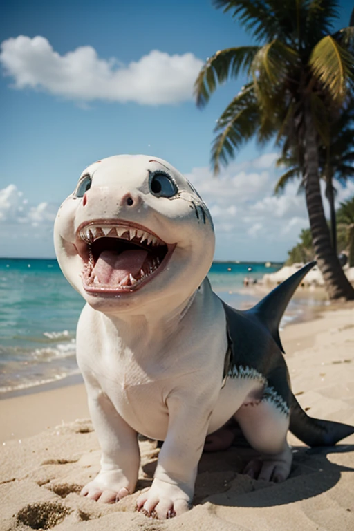 Shark, young female, pussy, small breats, by bebebebebe, small waist, small arms and legs, cute, innocent face, happy face, standing, beach, under view, worm's-eye view, close view, look at the viewer