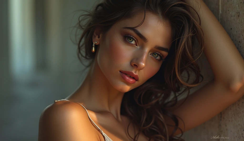 Personne sexy entre 25 et 30ans ressemblant à izabela izycka, brune, long hair, nice background, big lip, ultra realistic, joli visage