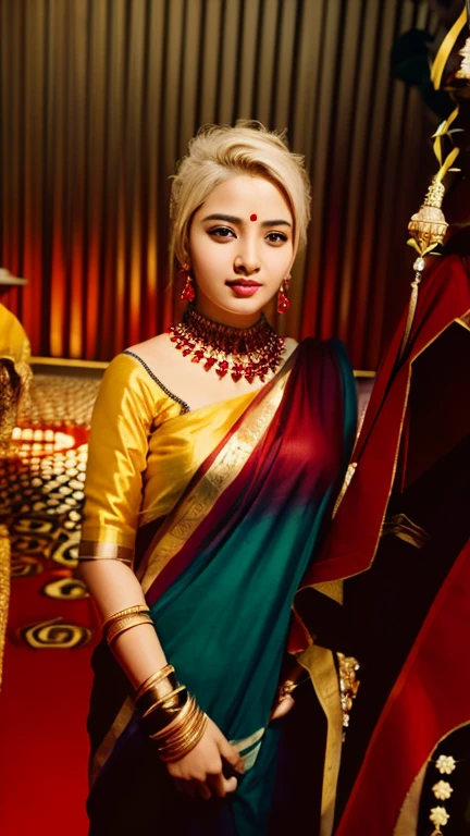 a woman is posing for a photo,(wearing indian_dance_dress:1.3), red dress, 
good hand,4k, high-res, masterpiece, best quality, head:1.3,((Hasselblad photography)), finely detailed skin, sharp focus, (cinematic lighting), collarbone, night, soft lighting, dynamic angle, [:(detailed face:1.2):0.2],(((exhibition inside theater))),