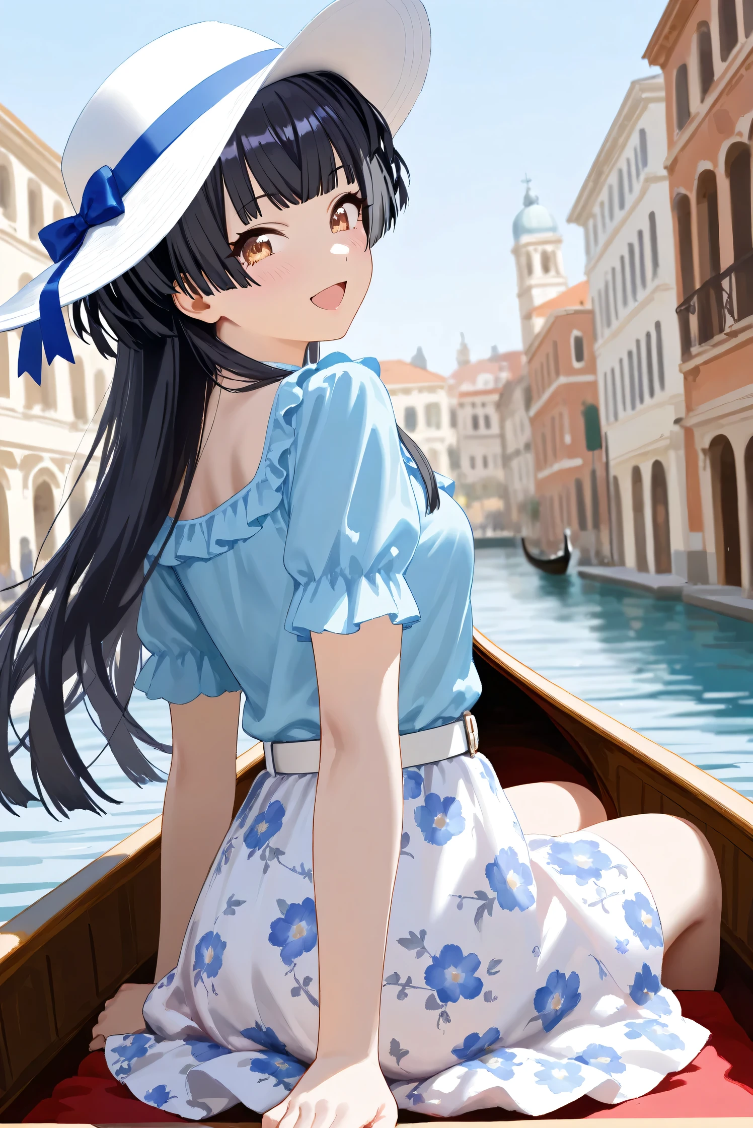 (Masterpiece), (Highest quality), (Very detailed),
(The best shape), (Best Shadow), (Absurd),
(Detailed background), (So beautiful), Shiny ,
Extraordinary, Countershading, 8k, 32K, High resolution, Beautiful eyes in every detail,
Very Detailed CG, UHD,
Score_9, Score_8_up, Score_7_up, Source_anime,
(Pastel painting:1.2), (Watercolor painting:1.2),
(Masterpiece, Detailed:1.2), (Foreshortening:1.2),
Cinematic, Dramatic, (Depth of field:1.4),
(Blurry background:1.4), (Realistic background:1.4),
(Foreshortening:1.3),Dynamic angle, 1 girl, solo,
Venice, Venice Building, Outdoor, Nature, Blue sky,
from back, looking back,
Mayuzumi Fuyuko,
The idolmaster shiny colors,
mayuzumi_fuyuko, 1girl, black hair, two side up, brown eyes, small breasts,
(Casual wear:1.3),
Light blue shirt, Short sleeves shirt, Frills,
ribbon, Blue ribbon,
Skirt, White skirt, Floral print skirt, Belt, White belt,
Wide Brim Hat, (White hat:1.2), Blue ribbon,
portrait, Focus on face, (close up shot:1.2),
(Blush:1.3), (happy:1.1), (talking to viewer:1.2),
open mouth, looking back,
(ride on gondola:1.2), sitting,
Realistic skin, Shiny skin,