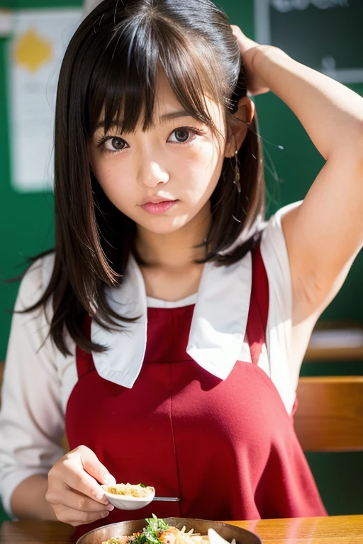 Girls standing in a school classroom, Red plaid bow tie,13 years old,bangs,Smile a little,Thighs,knees,Low Ponytail,From below,{Voluptuous figure、Thighsが太くなる},Young Girl