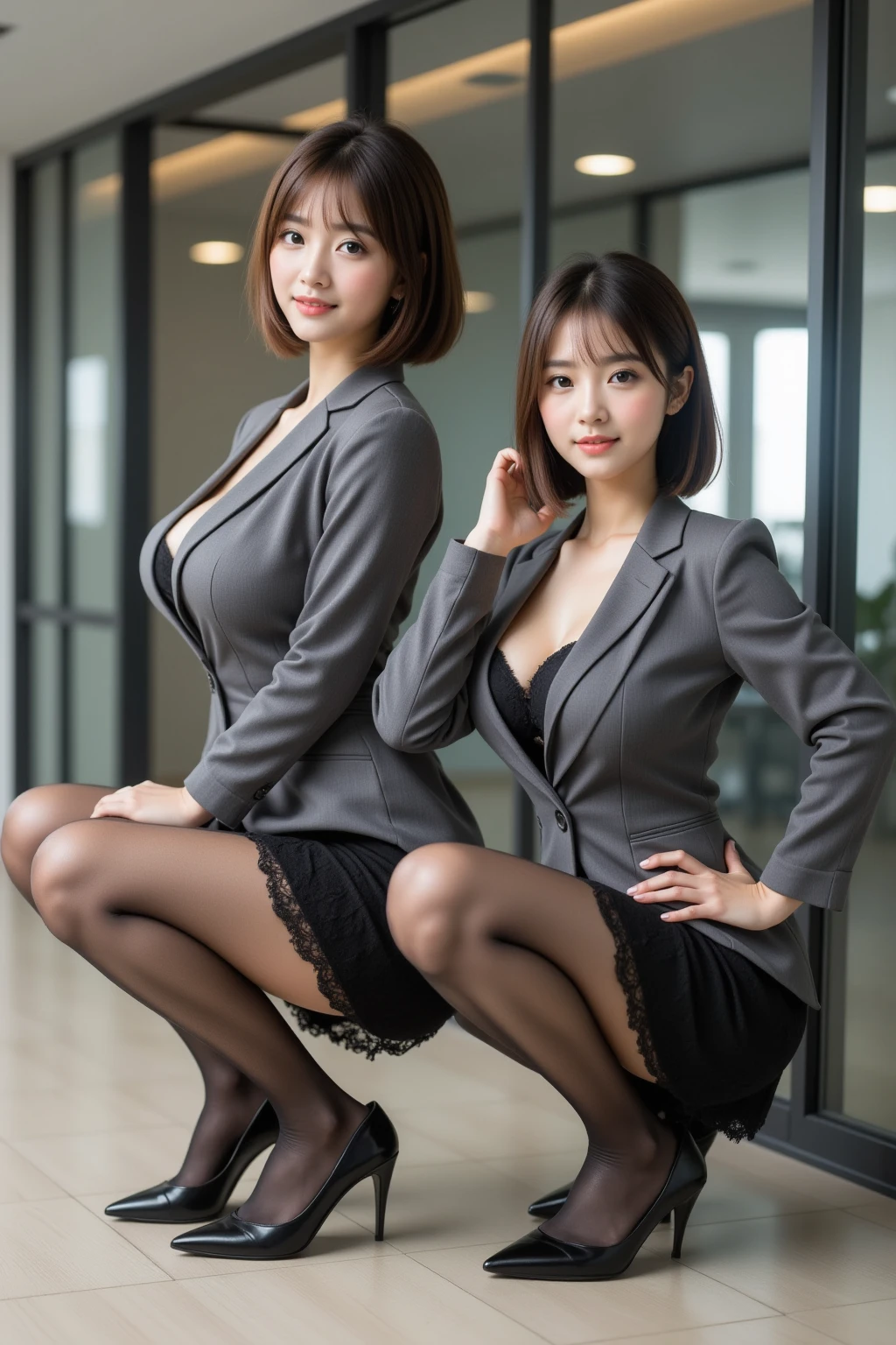 a Japanese woman, 40yo, Realistic, Photorealistic, realistic body shape, Very detailed, highest quality, 8k, Sharp focus, High resolution, Ideal proportions, light makeup, ash hair, BREAK (wearing business gray jacket & miniskirt& pantyhose:1.2), sitting on a long seat on the train, (show a part of panties behind skirt:1.3), from below