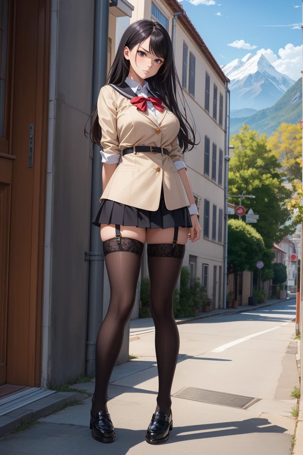 (masterpiece, top quality, best quality, official art, beautiful and aesthetic:1.0), (8k, best quality, masterpiece:1.2), very long hair,(full body:1.3), (large breasts:1.4), very long hair, high heels, black thighhighs, micro skirt, random hair, tall girl, school girl uniform ,