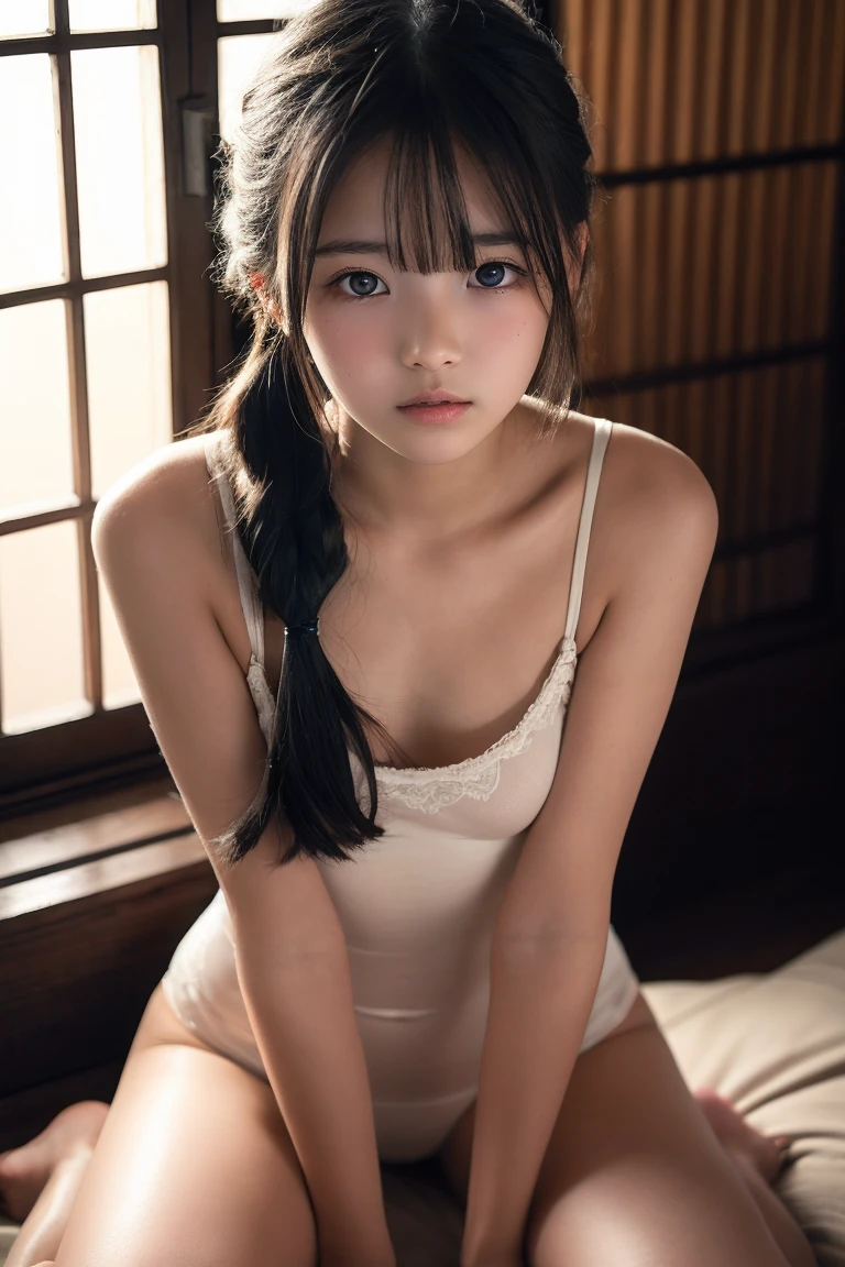 (masterpiece:1.3),( beautiful:1.2),(high quality:1.2),(finely detailed:1.2),(beautiful eyes:1.5),portrait,realistic, 3d face, (glowing eyes:1.1),shiny hair, lustrous skin, solo, embarassed, midriff,ponytail hair,braided hair, blunt bangs,(lingerie:1.3),full body,small breast, flat chest