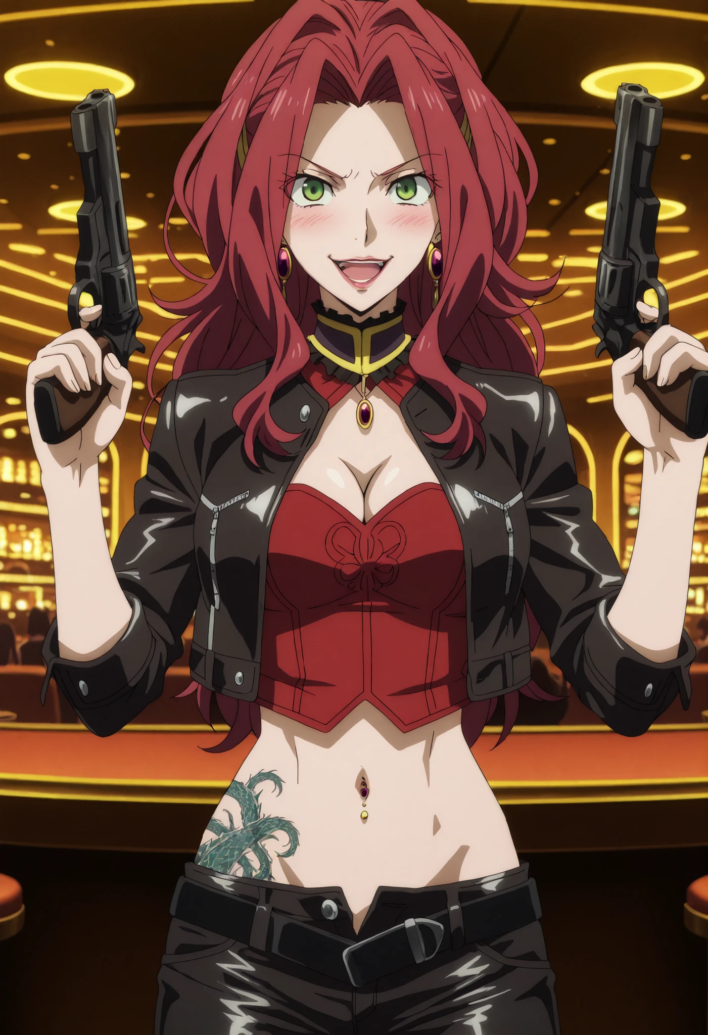 Malty Melromarc (The Rising of the Shiel) beautiful body,athletic body, beautiful breasts, ,visible private parts , ultra detailed image, anime image ,girl, anime malty, medium Breasts, excitement, red hair, green eyes , ear piercing, long hair, , lipstick,Hot girl, baddie, sensual, attractive , blush ,jewelry, earrings, large breasts, long hair, , bar
background, inside bar,indoors, cityscape, casino, nightclub, city lights, masterpiece, best quality, highly detailed, a girls with a gun, evil smile , open mouth, sexy gaze, badass
pose , evil smile, smile, (nsfw) not safe for work, guns blazing, anime girl with long hair, beautiful long
haired girl, navel, evil expression, exposed belly, exposed navel, exposed midriff, exposed lower belly,
long black pants, cleavage, unbuttoned leather pants ,open fly, low rise black leather pants,
leather jacket, holding a gun, holding pistol, navel piercing , ,unbuttoned shirt, red collared
shirt, knot, ,,dragon tattoo, narrowed eyes, tattoo midriff, anipai_style, anime screencap, anime coloring