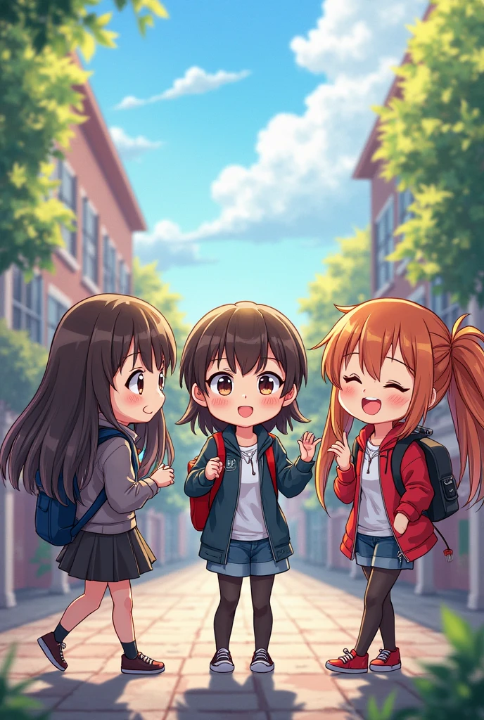 Image of three bestfriends sitting on school bench in middle a cute girl with spectecles and two french braids and right a skinny girl with ponytail and on left a chubby girl with a braid all three wearing blue school cheaked shirt all have same side face